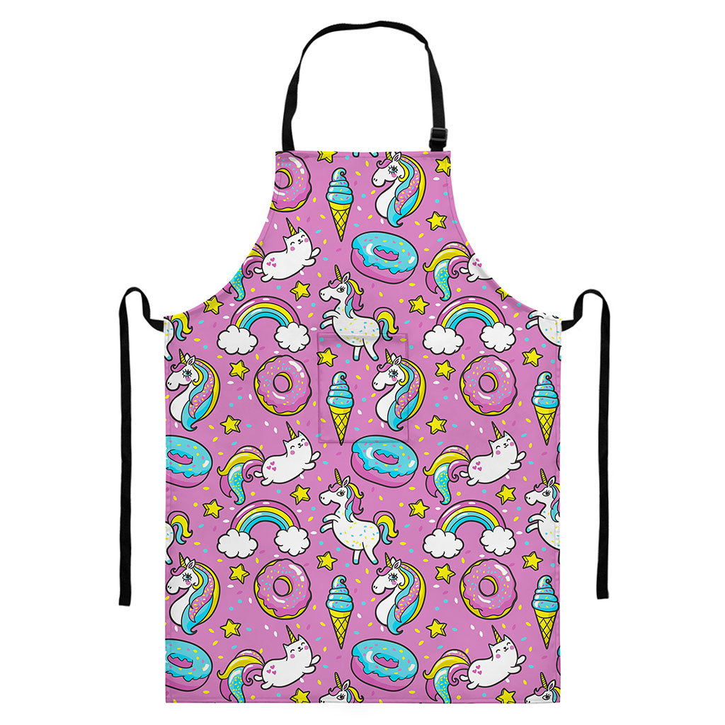 Pink Girly Unicorn Donut Pattern Print Bib Apron With Pocket