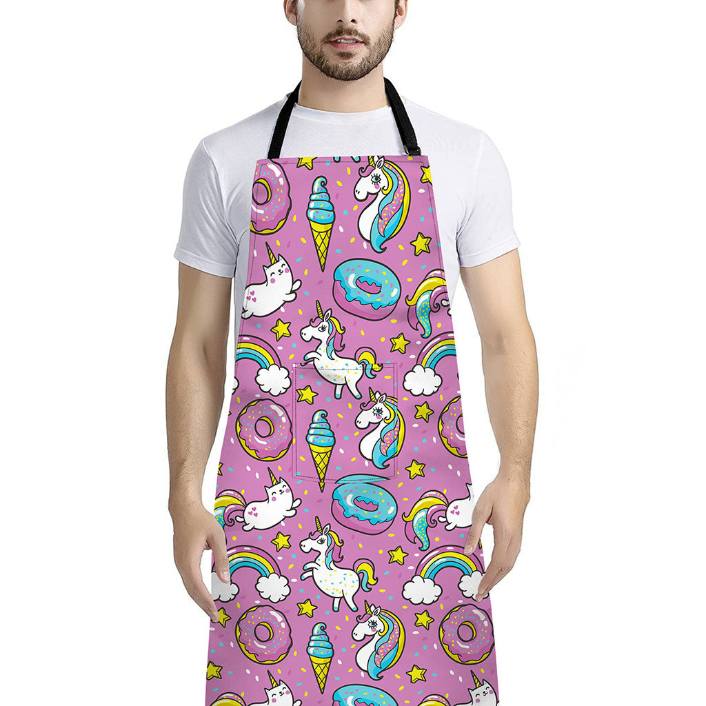Pink Girly Unicorn Donut Pattern Print Bib Apron With Pocket