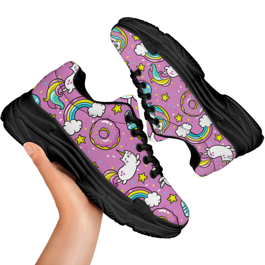 Pink Girly Unicorn Donut Pattern Print Black Chunky Shoes