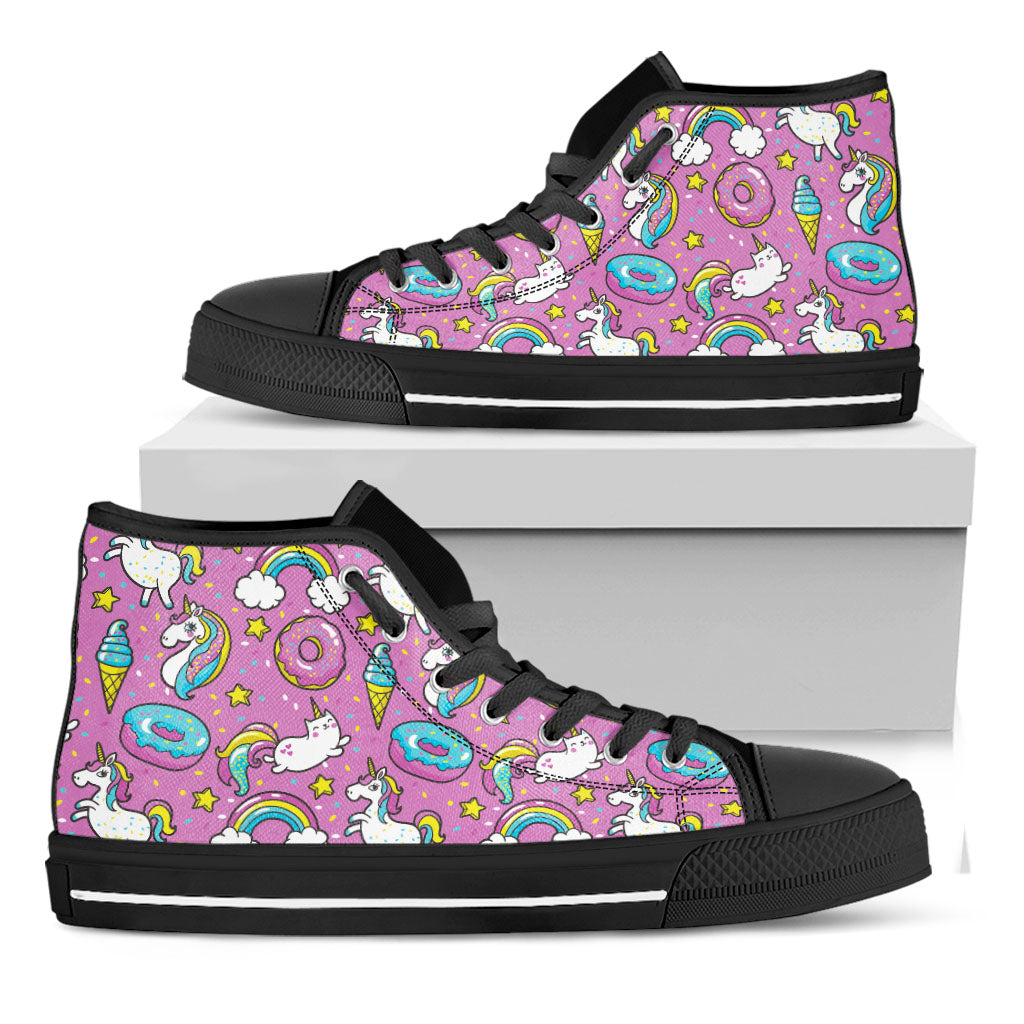 Pink Girly Unicorn Donut Pattern Print Black High Top Sneakers