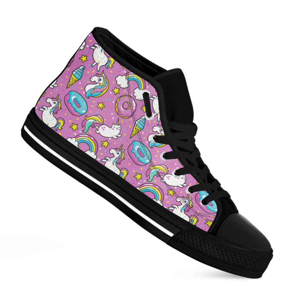 Pink Girly Unicorn Donut Pattern Print Black High Top Sneakers