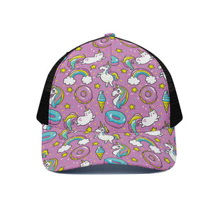 Pink Girly Unicorn Donut Pattern Print Black Mesh Trucker Cap