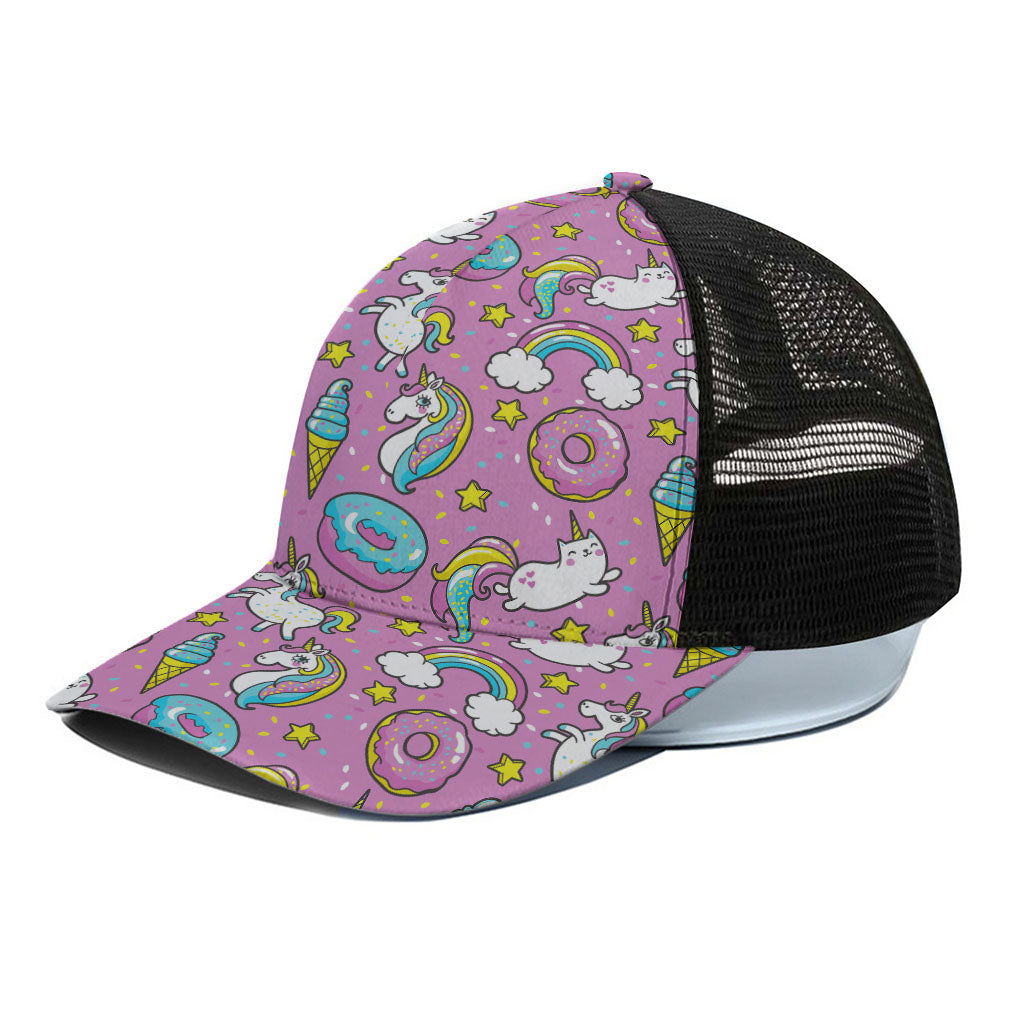 Pink Girly Unicorn Donut Pattern Print Black Mesh Trucker Cap