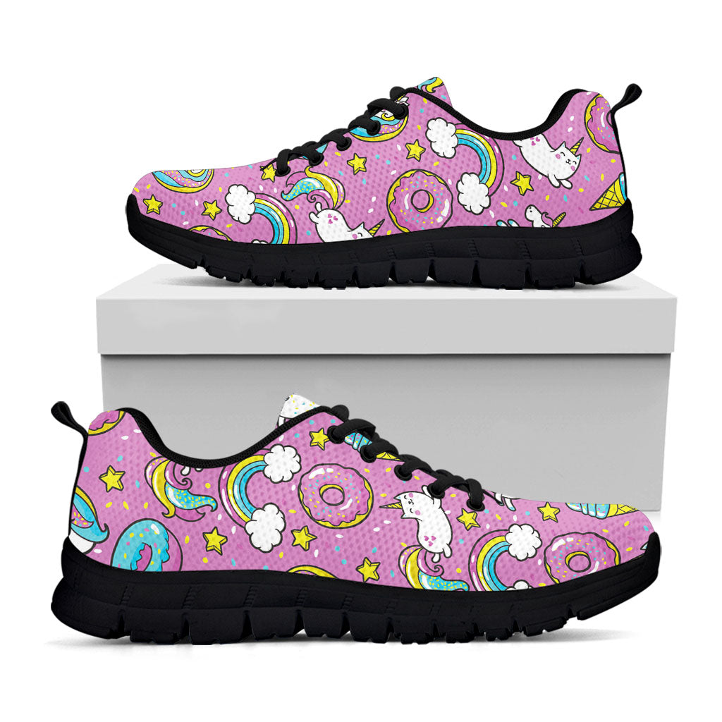 Pink Girly Unicorn Donut Pattern Print Black Running Shoes