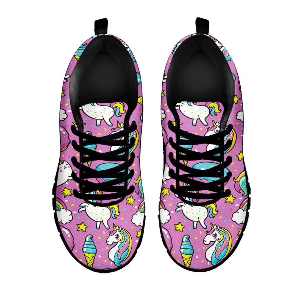 Pink Girly Unicorn Donut Pattern Print Black Running Shoes