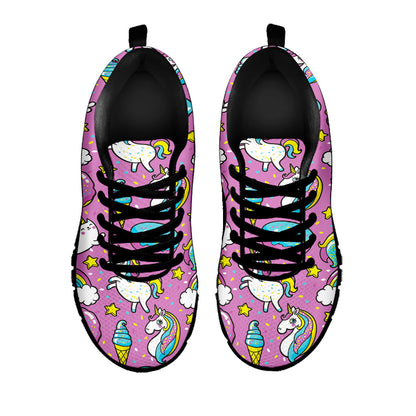 Pink Girly Unicorn Donut Pattern Print Black Running Shoes