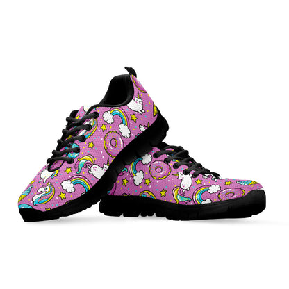 Pink Girly Unicorn Donut Pattern Print Black Running Shoes