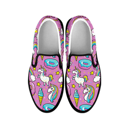 Pink Girly Unicorn Donut Pattern Print Black Slip On Sneakers