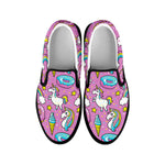 Pink Girly Unicorn Donut Pattern Print Black Slip On Sneakers