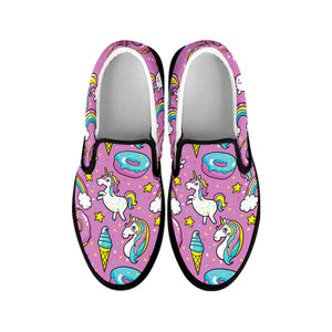 Pink Girly Unicorn Donut Pattern Print Black Slip On Sneakers