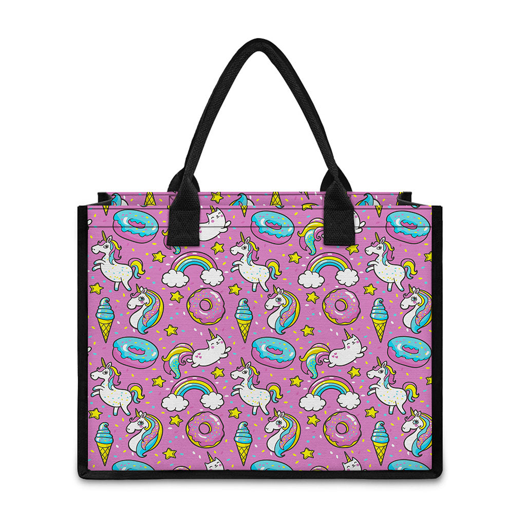 Pink Girly Unicorn Donut Pattern Print Canvas Tote Bag