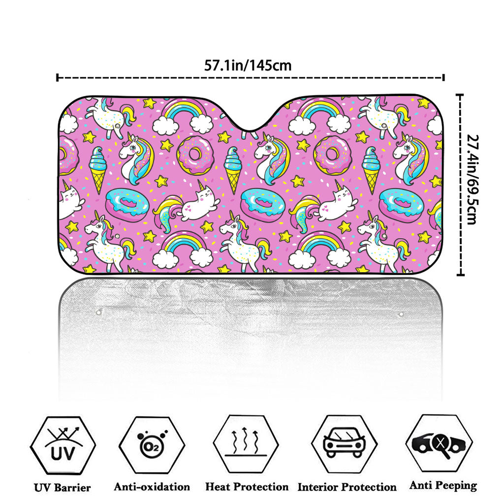 Pink Girly Unicorn Donut Pattern Print Car Windshield Sun Shade