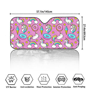 Pink Girly Unicorn Donut Pattern Print Car Windshield Sun Shade