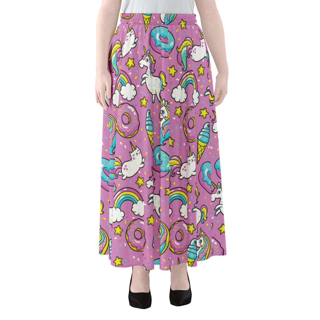 Pink Girly Unicorn Donut Pattern Print Chiffon Maxi Skirt