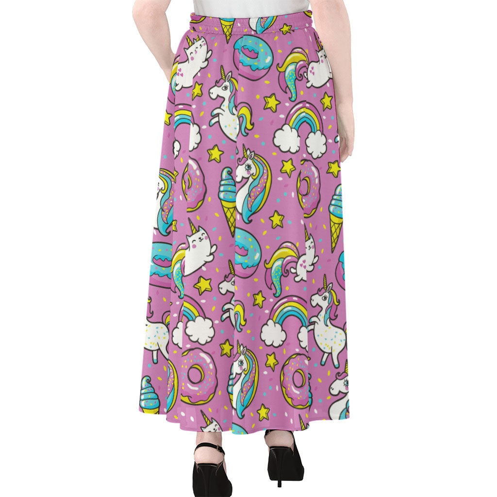 Pink Girly Unicorn Donut Pattern Print Chiffon Maxi Skirt