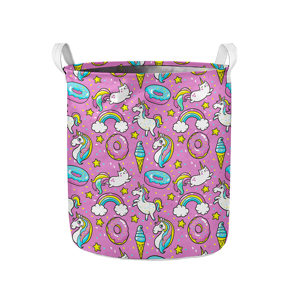 Pink Girly Unicorn Donut Pattern Print Collapsible Laundry Basket