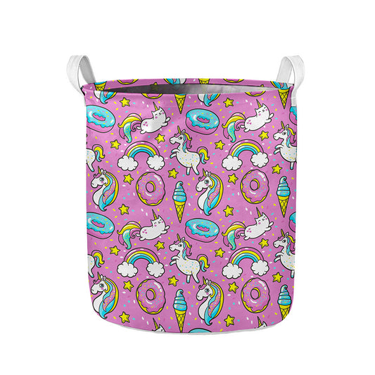 Pink Girly Unicorn Donut Pattern Print Collapsible Laundry Basket