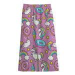 Pink Girly Unicorn Donut Pattern Print Cotton Front Slit Maxi Skirt