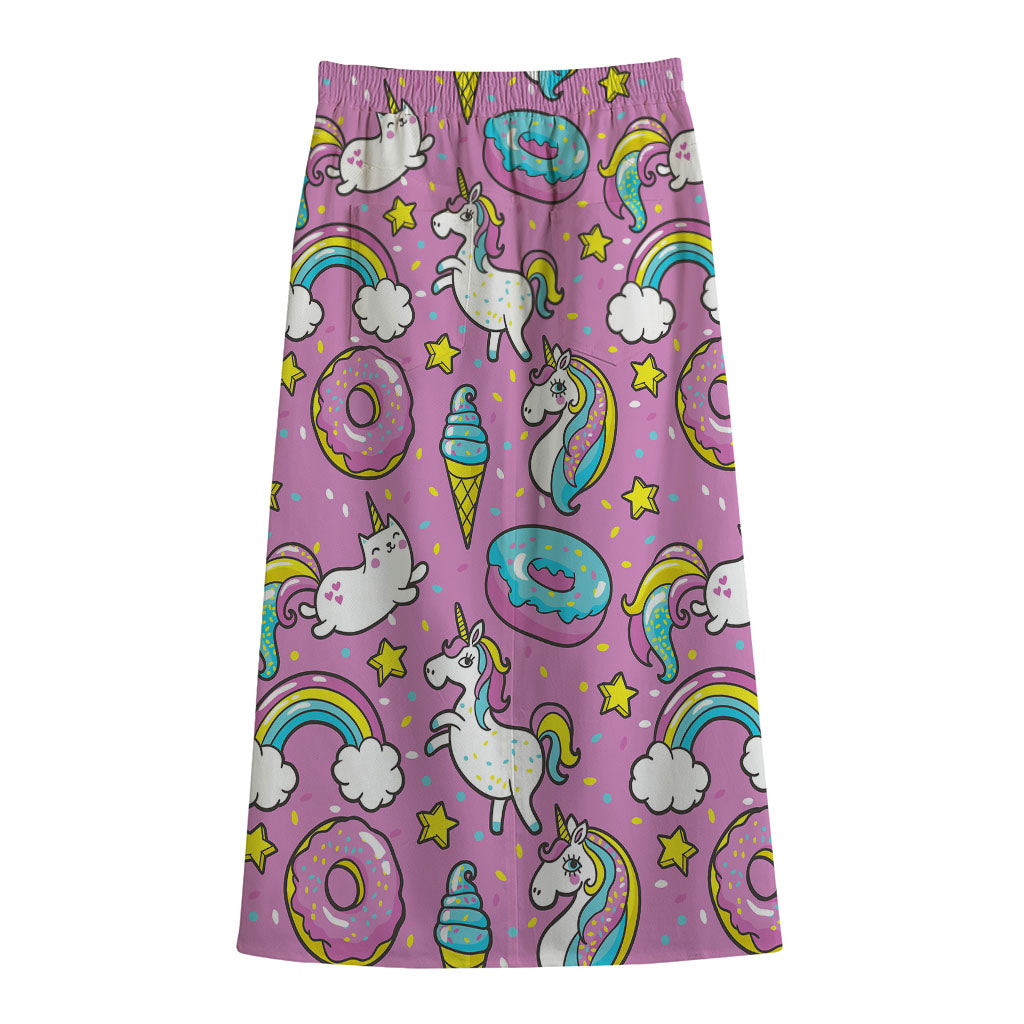 Pink Girly Unicorn Donut Pattern Print Cotton Front Slit Maxi Skirt