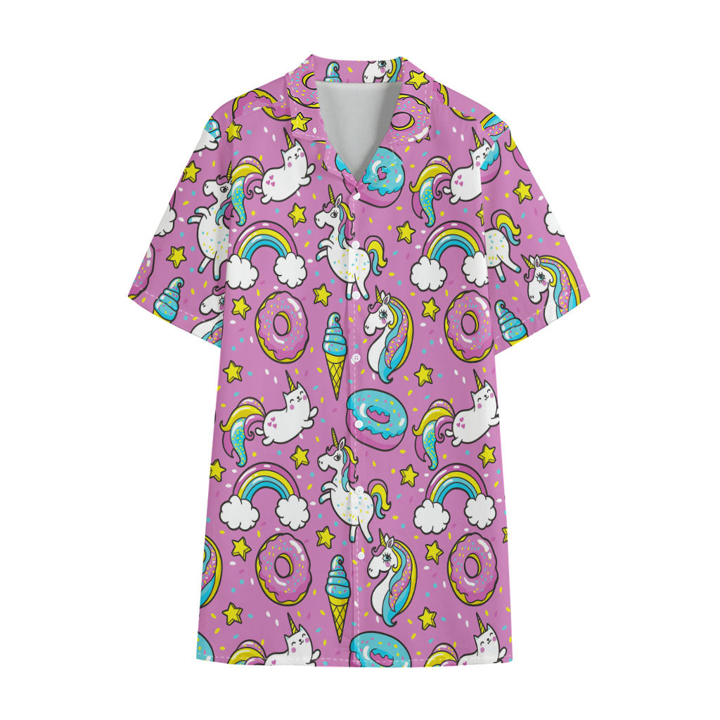 Pink Girly Unicorn Donut Pattern Print Cotton Hawaiian Shirt