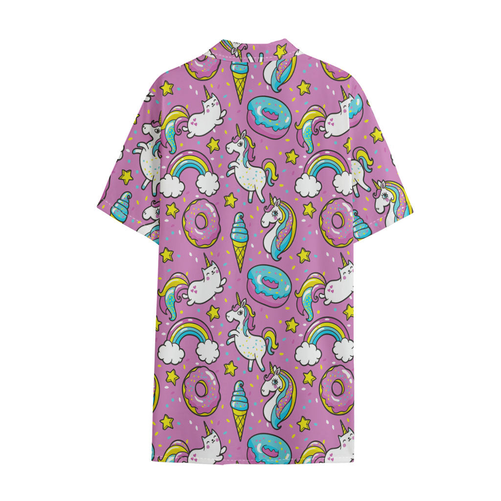 Pink Girly Unicorn Donut Pattern Print Cotton Hawaiian Shirt