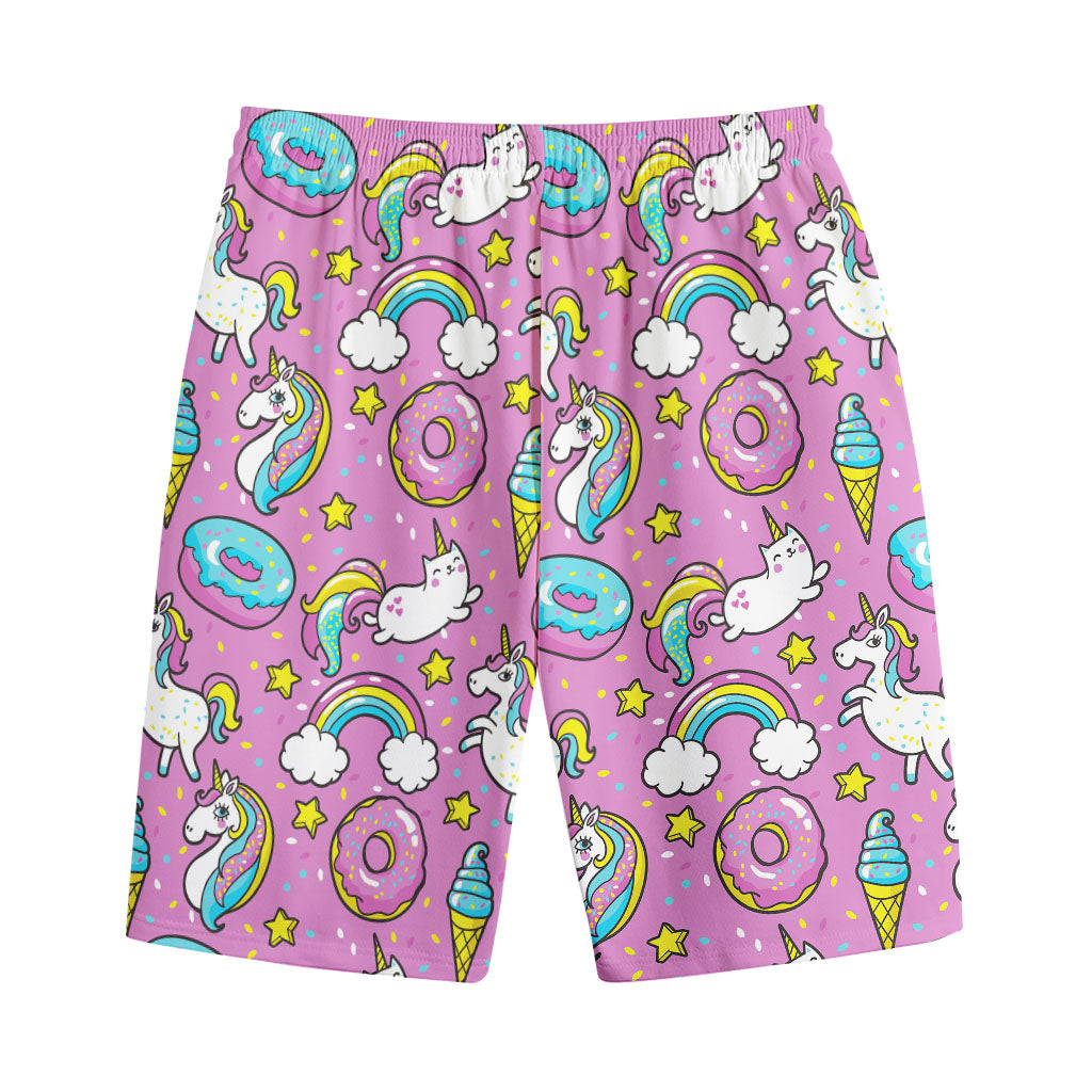 Pink Girly Unicorn Donut Pattern Print Cotton Shorts