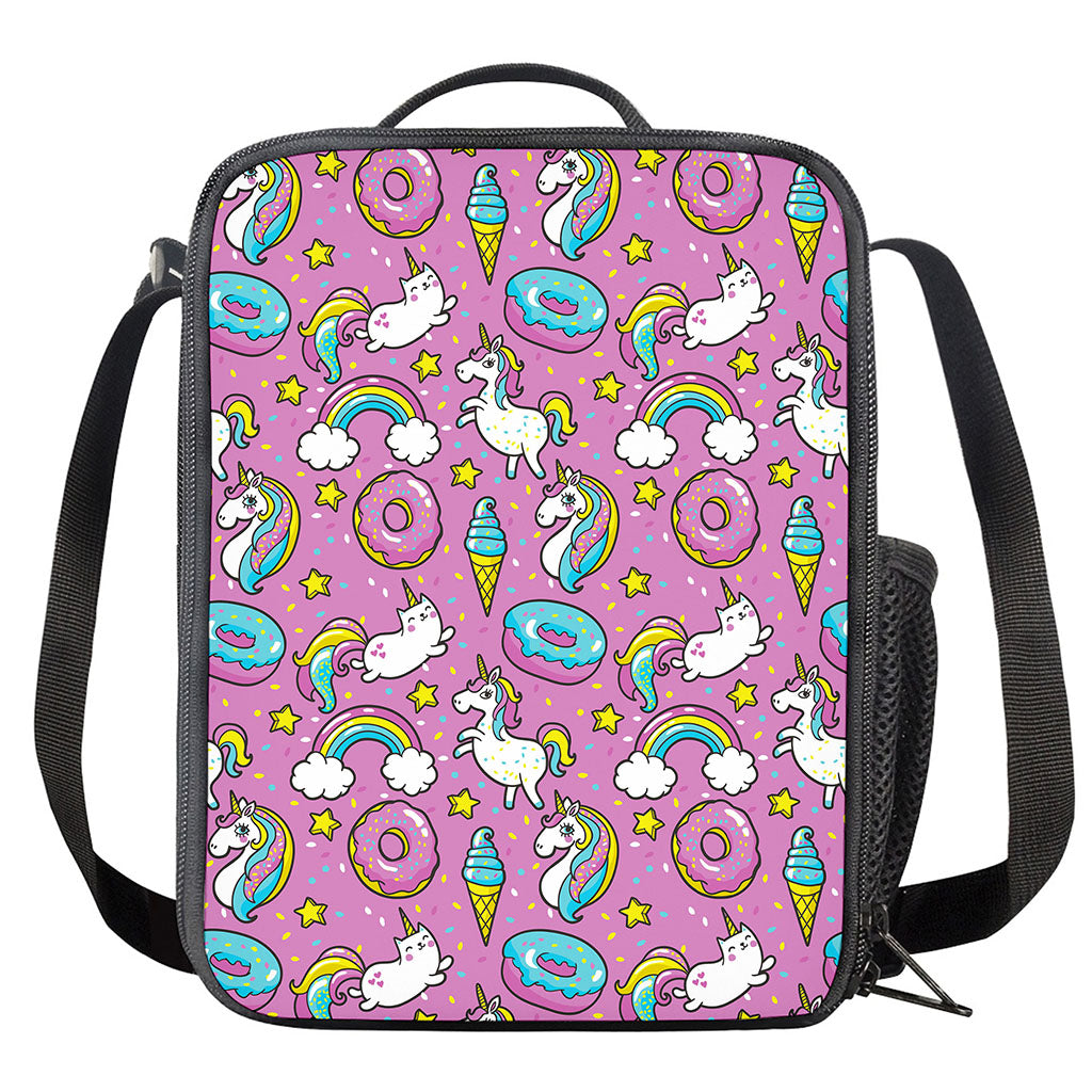 Pink Girly Unicorn Donut Pattern Print Crossbody Lunch Bag
