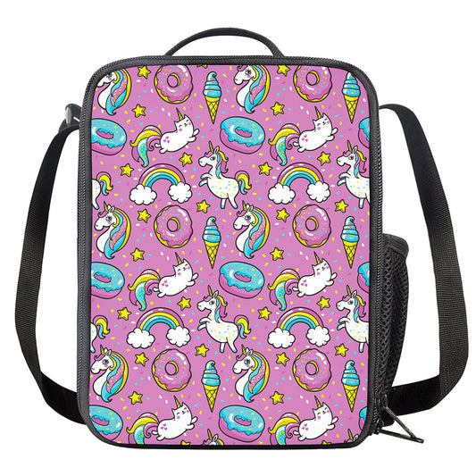 Pink Girly Unicorn Donut Pattern Print Crossbody Lunch Bag