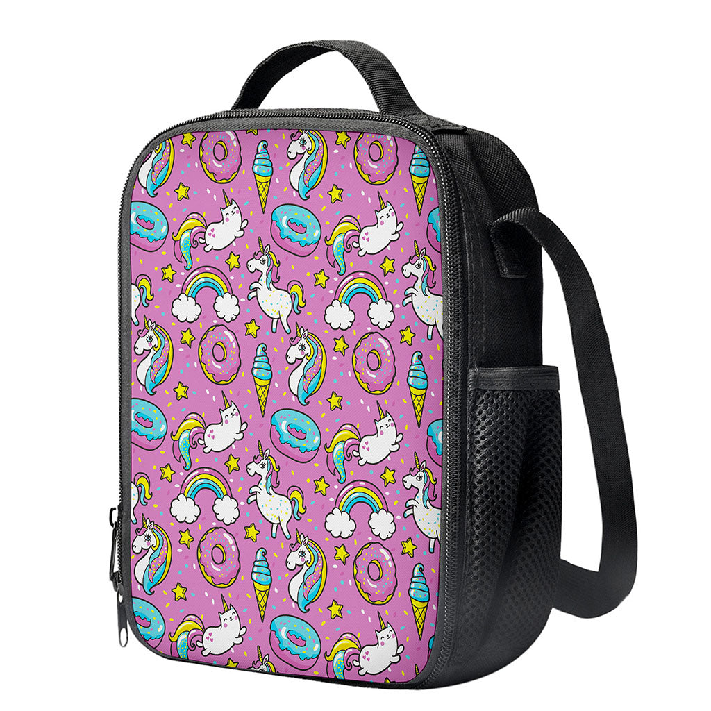 Pink Girly Unicorn Donut Pattern Print Crossbody Lunch Bag