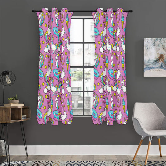 Pink Girly Unicorn Donut Pattern Print Curtain
