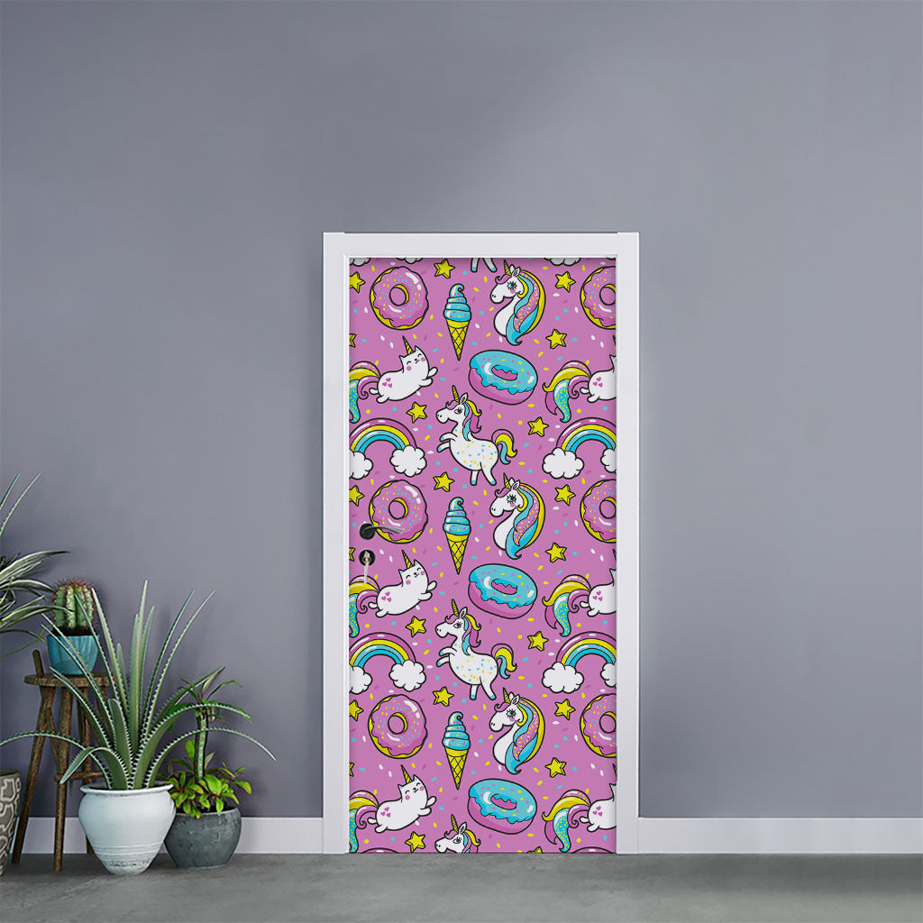 Pink Girly Unicorn Donut Pattern Print Door Sticker