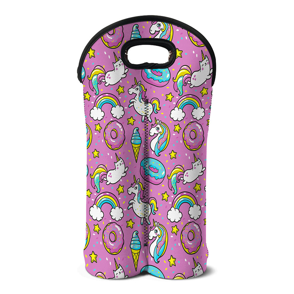 Pink Girly Unicorn Donut Pattern Print Double Neoprene Wine Tote