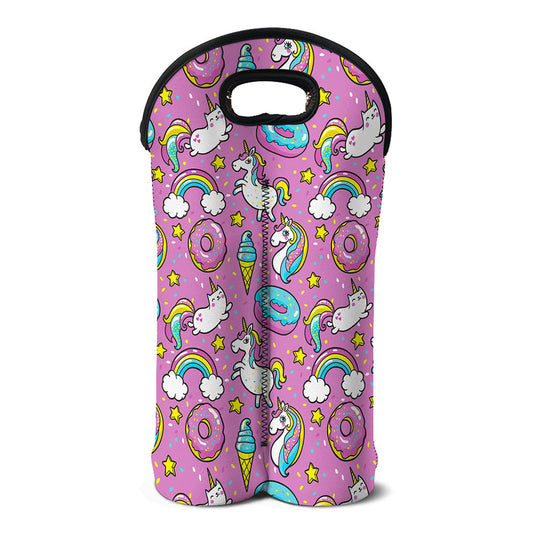 Pink Girly Unicorn Donut Pattern Print Double Neoprene Wine Tote