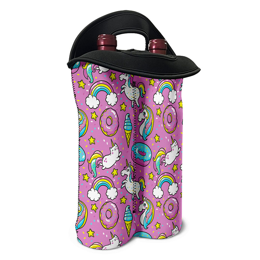 Pink Girly Unicorn Donut Pattern Print Double Neoprene Wine Tote