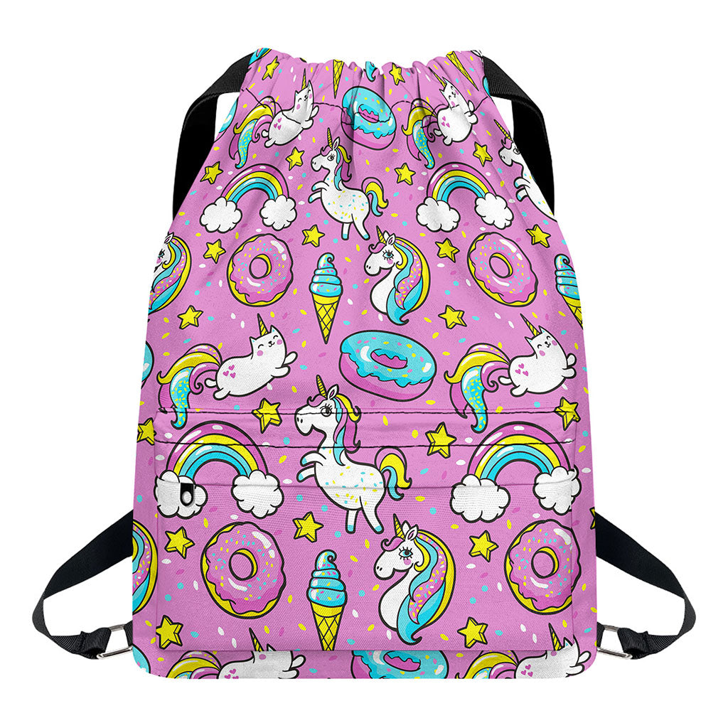 Pink Girly Unicorn Donut Pattern Print Drawstring Backpack