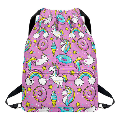 Pink Girly Unicorn Donut Pattern Print Drawstring Backpack