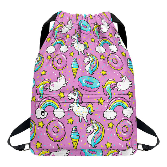 Pink Girly Unicorn Donut Pattern Print Drawstring Backpack