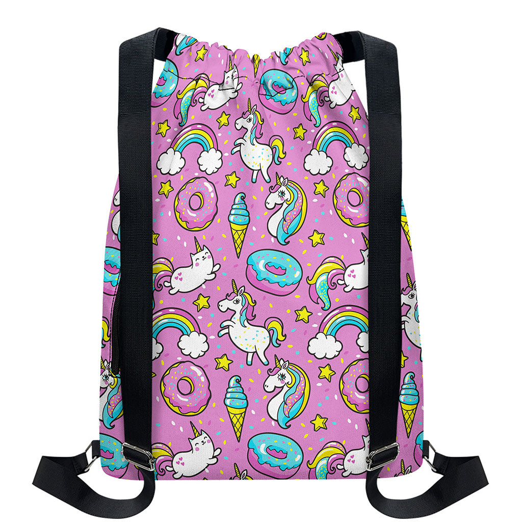 Pink Girly Unicorn Donut Pattern Print Drawstring Backpack