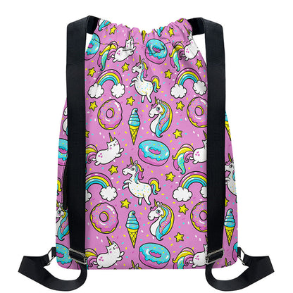 Pink Girly Unicorn Donut Pattern Print Drawstring Backpack