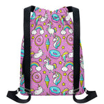 Pink Girly Unicorn Donut Pattern Print Drawstring Backpack
