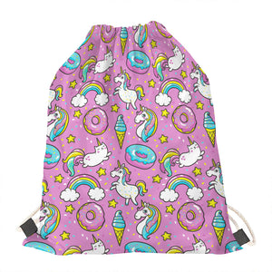 Pink Girly Unicorn Donut Pattern Print Drawstring Bag