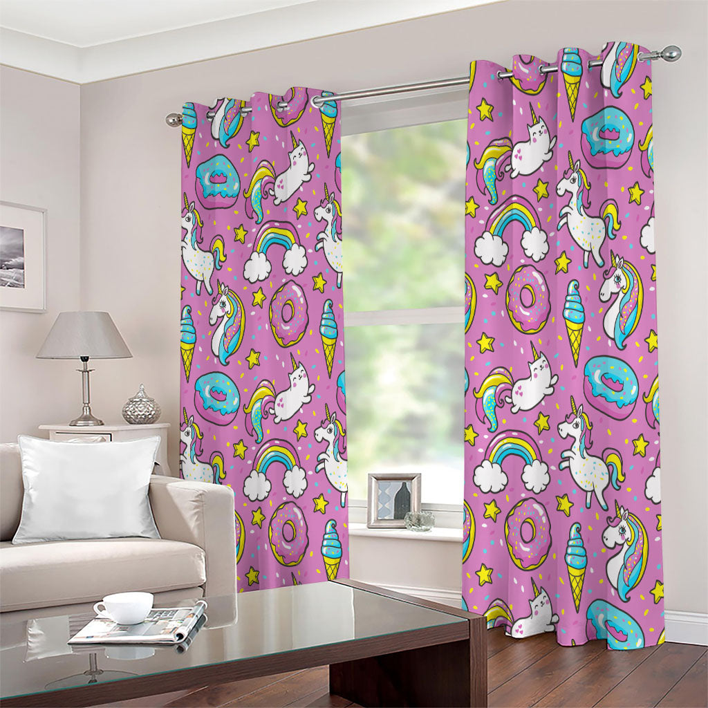 Pink Girly Unicorn Donut Pattern Print Extra Wide Grommet Curtains