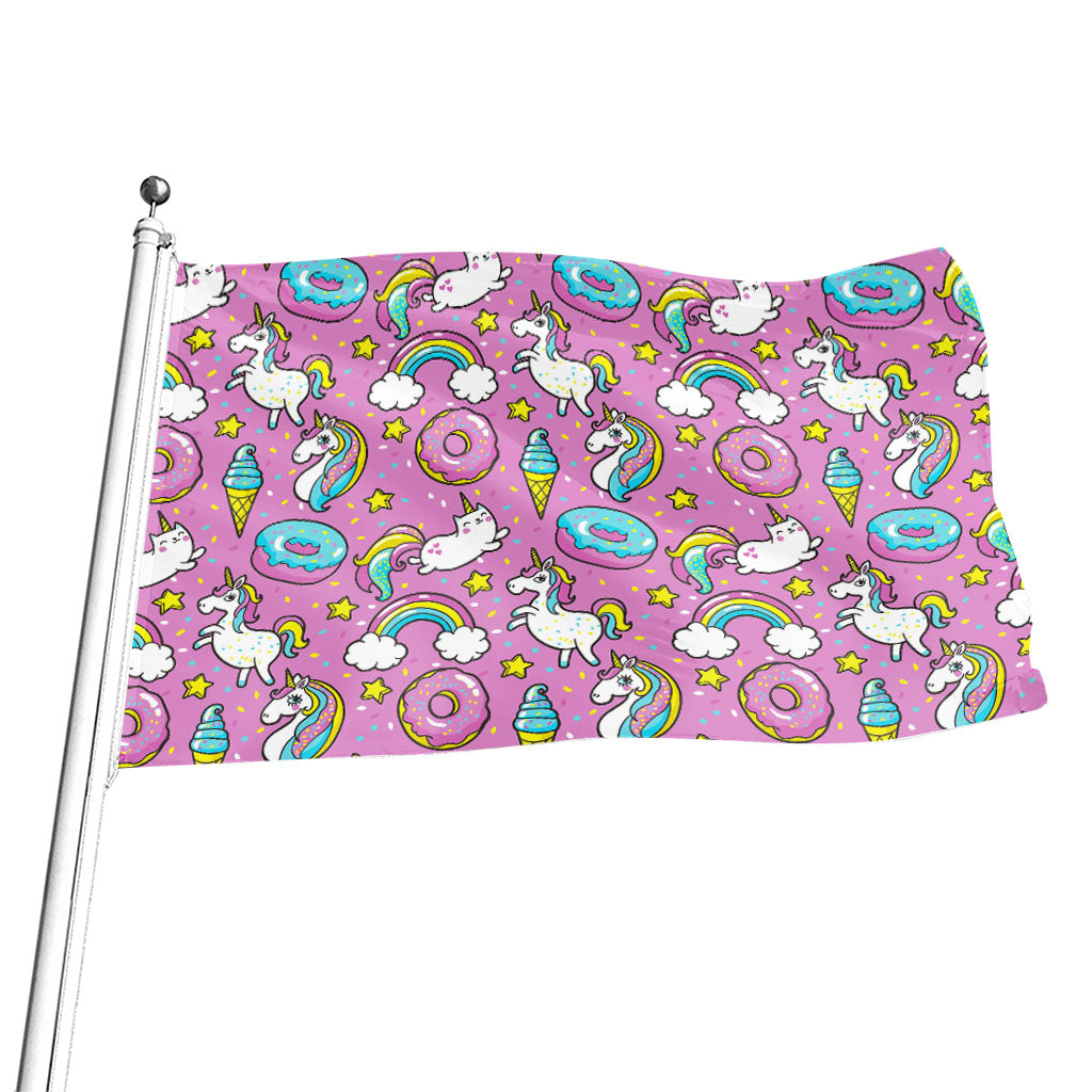 Pink Girly Unicorn Donut Pattern Print Flag