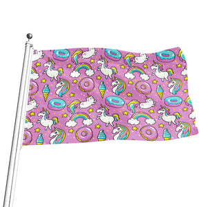 Pink Girly Unicorn Donut Pattern Print Flag