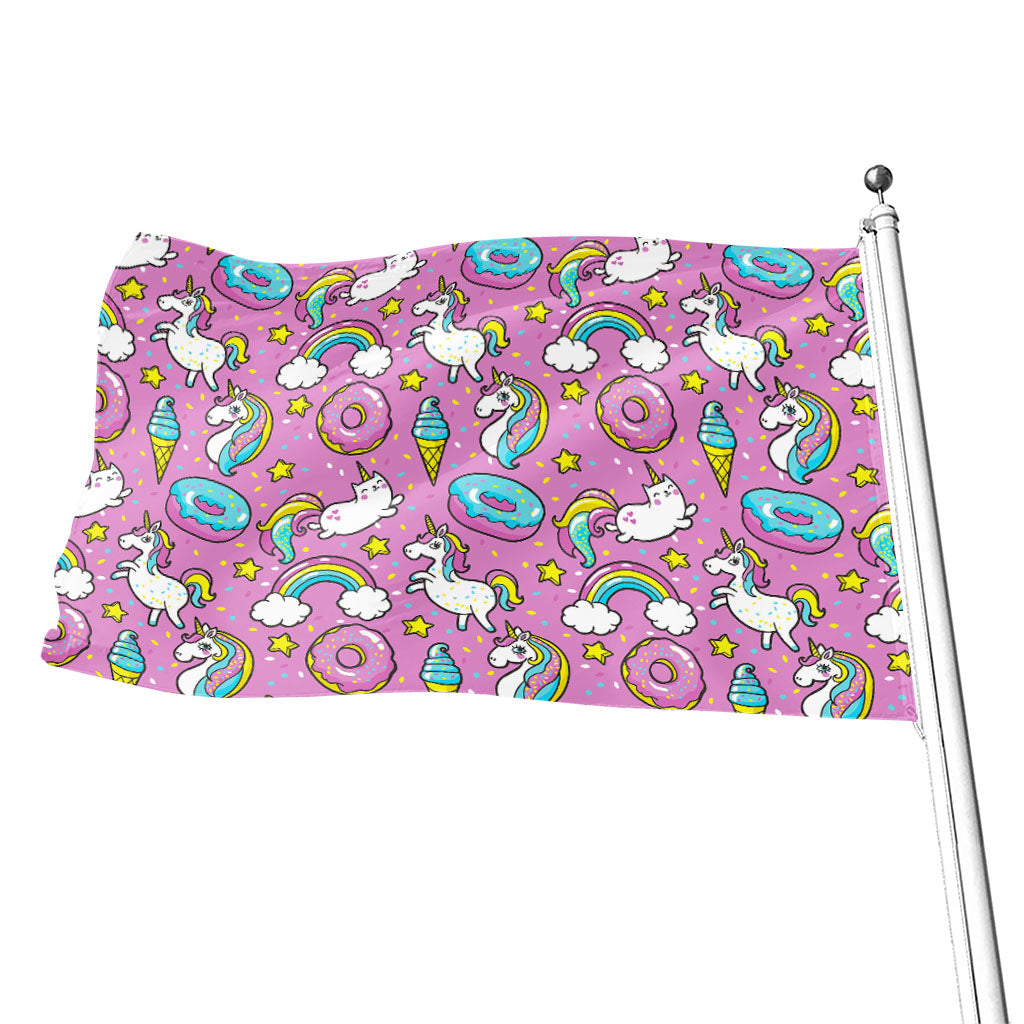 Pink Girly Unicorn Donut Pattern Print Flag