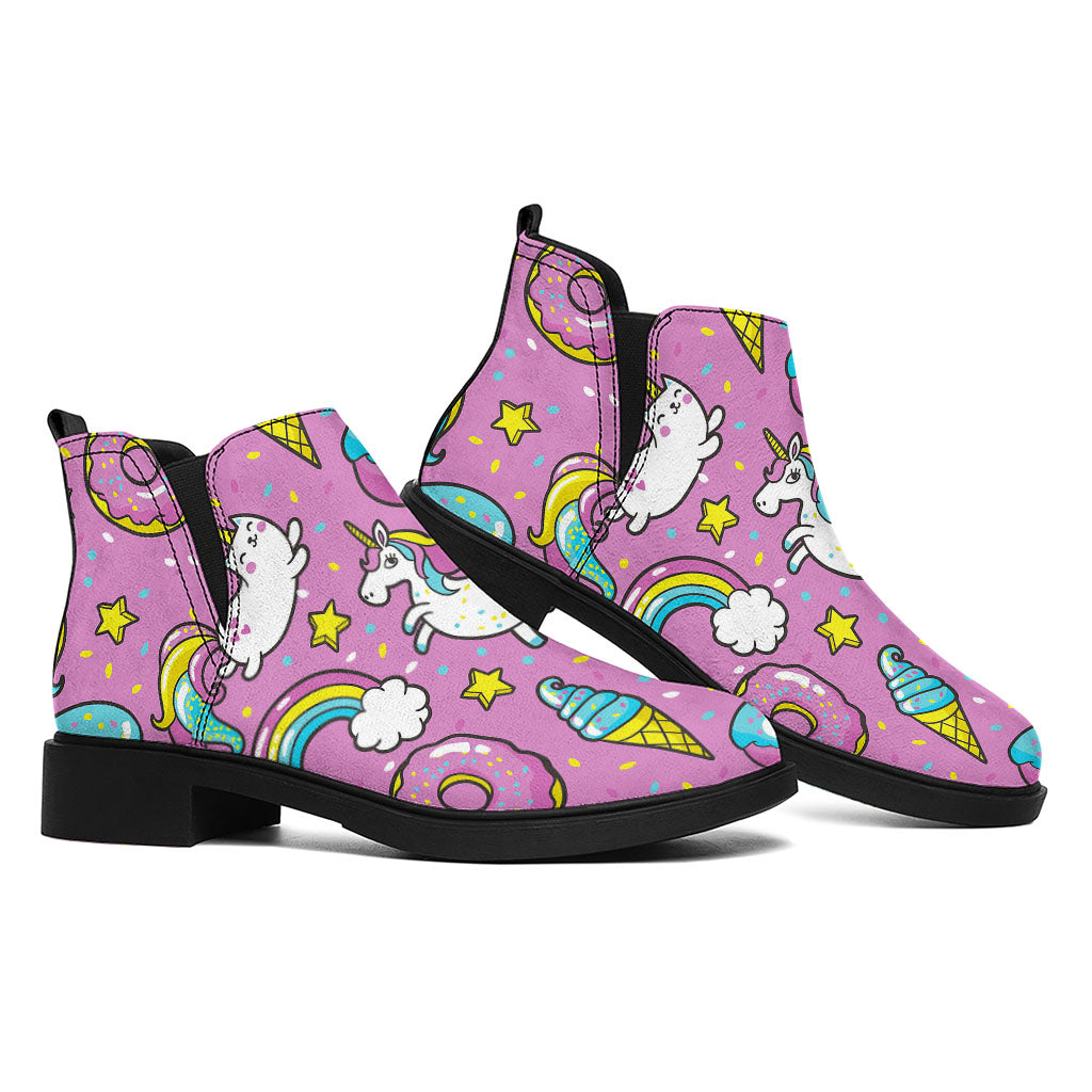 Pink Girly Unicorn Donut Pattern Print Flat Ankle Boots