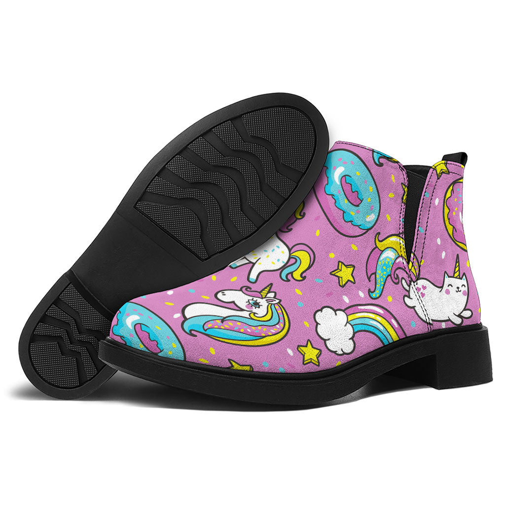 Pink Girly Unicorn Donut Pattern Print Flat Ankle Boots