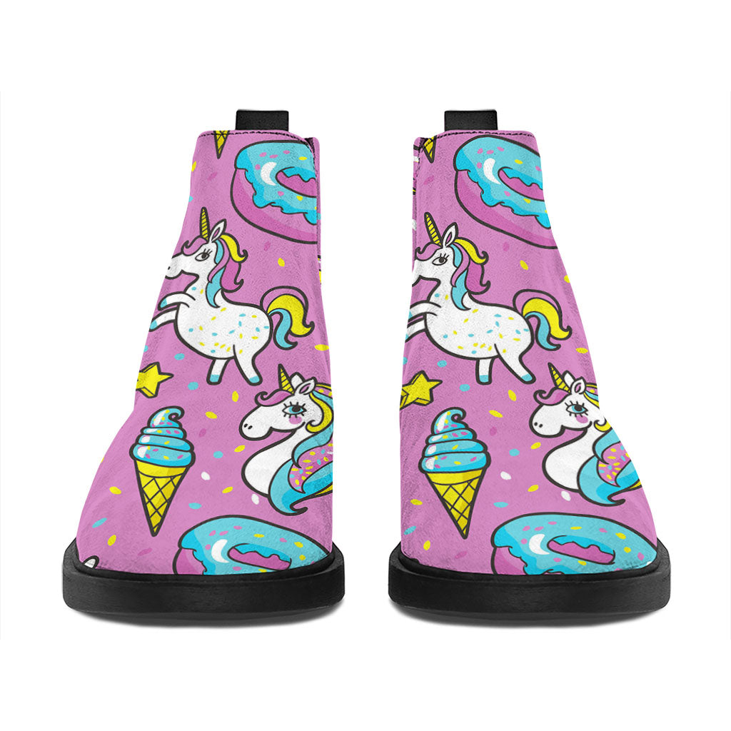 Pink Girly Unicorn Donut Pattern Print Flat Ankle Boots