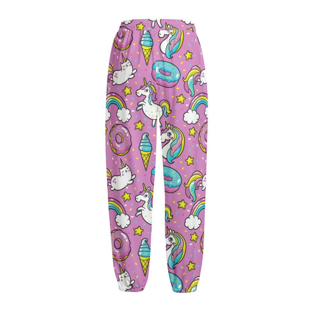 Pink Girly Unicorn Donut Pattern Print Fleece Lined Knit Pants