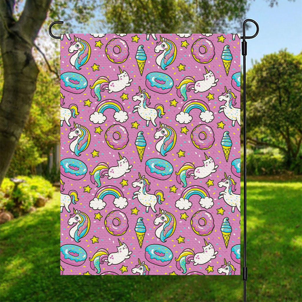 Pink Girly Unicorn Donut Pattern Print Garden Flag